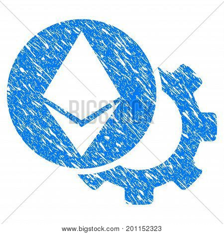 Grunge Ethereum Settings Gear icon with grunge design and dust texture. Unclean vector blue pictogram for rubber seal stamp imitations and watermarks. Draft sign symbol.