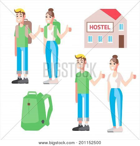 Vector set with illustrations cheap travel. Hostel, hitch-hiking and tourist stuff
