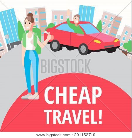 Vector design concept with flat illustrations about cheap travel. Hostel, hitch-hiking and tourist stuff