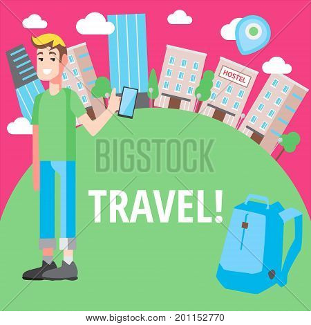 Vector design concept with flat illustrations about cheap travel. Hostel, hitch-hiking and tourist stuff