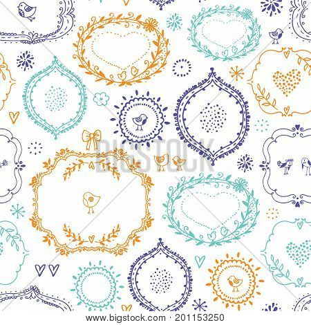 Seamless pattern with hand drawn frames, birds, hearts. Doodle elements for design. Vector illustration.