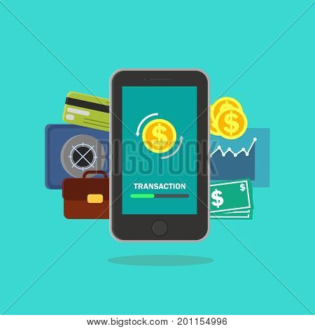 mobile banking vector illustration for money transaction, technology, business and mobile payment. Smartphone on the blue background with making transaction on the screen.