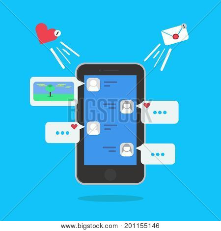 Speech bubbles for comments and reply concept in smartphone. Dialog with image and comments. Vector Illustration with message and like icons.