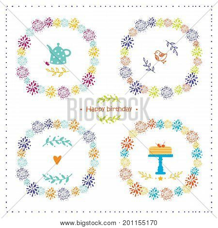 Set of elements for birthday party, greeting cards and scrapbooking. Decorative frames, cake, kettle, bird. Vector illustration.