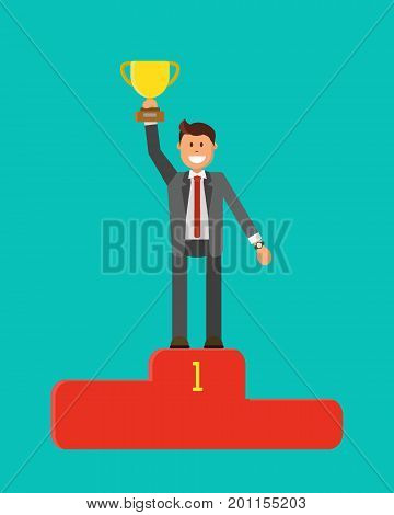 Winner Concept. Business award flat vector illustration. Businessman in suit is standing on pedestal, holding a winner cup over his head.