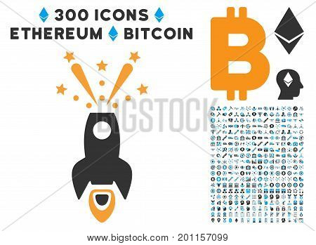 Space Rocket Boom pictograph with 300 blockchain, cryptocurrency, ethereum, smart contract graphic icons. Vector clip art style is flat iconic symbols.