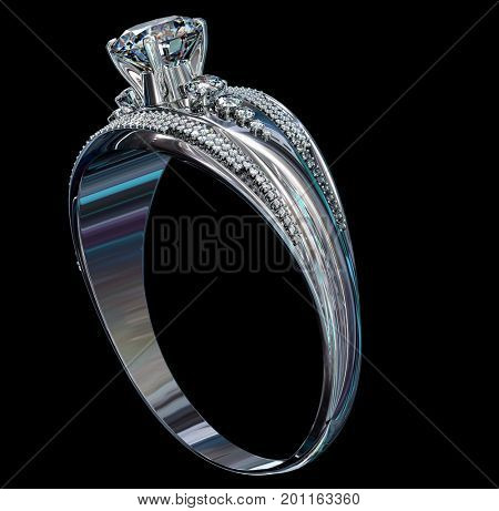 Silver band for engagement with gem. Top view of diamond facetes luxury jewellery bijouterie ring from white gold or platinum with gemstone. 3D rendering on black background. Family values idea.