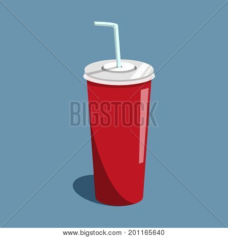 Vector illustration drink cola on the blue backgroud. Soda drink in red paper cup with white tubule.