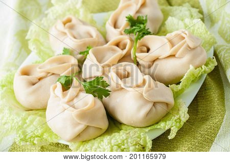 Frozen Dumplings On The White Plate With Green