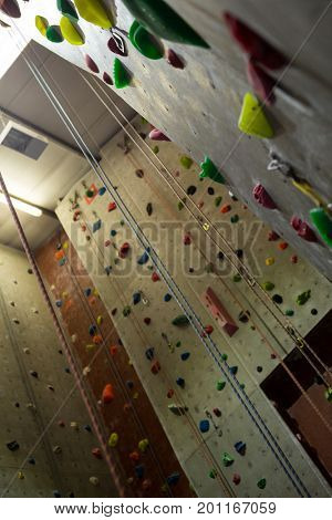 Wall with colorful footholds in fitness studio