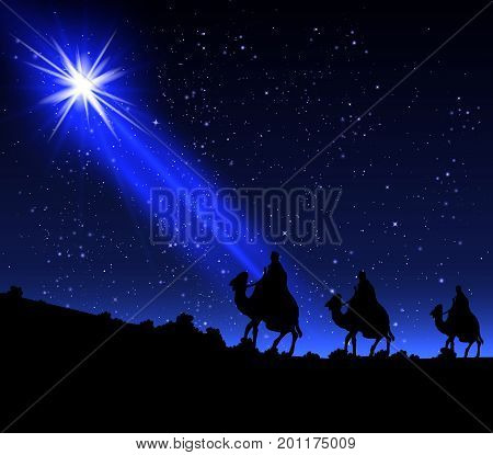 Three wise men by a star, vector art illustration.