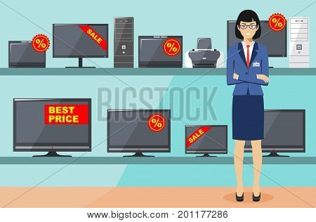 Big sale. Detailed illustration of the seller on the background of shelves with appliances in flat style. Salesman in the electrical shop. Cartoon vector illustration.