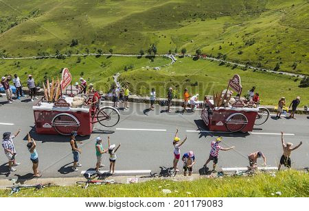 Col de PeyresourdeFrance- July 23 2014: Banette vehicle during the passing of the Publicity Caravan on the road to Col de Peyresourde in Pyrenees Mountains in the stage 17 of Le Tour de France on 23 July 2014.