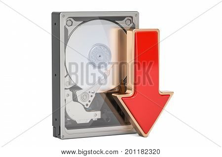 Hard Disk Drive HDD with red arrow download data concept 3D rendering