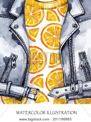 Watercolor illustration. Summer fruits card. Hand painted leather jacket with fresh orange. Healthy style. Ready for print, poster, fashion design, T-shirts, bags, invitations, cards pillows