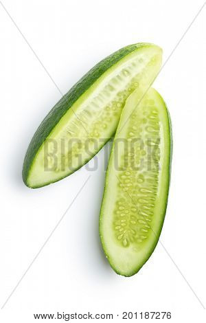 Fresh sliced cucumber isolated on white background. Top view of sliced cucumber.
