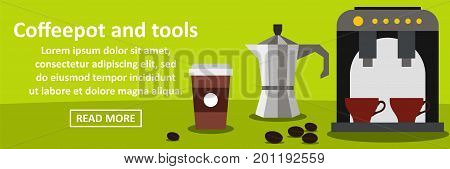Coffeepot and tools banner horizontal concept. Flat illustration of coffeepot and tools banner horizontal vector concept for web