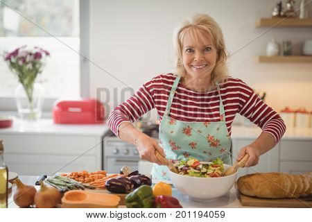 Portrait of senior woman preparing meal in kitchen