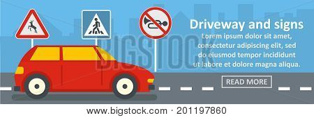 Driveway and signs banner horizontal concept. Flat illustration of driveway and signs banner horizontal vector concept for web