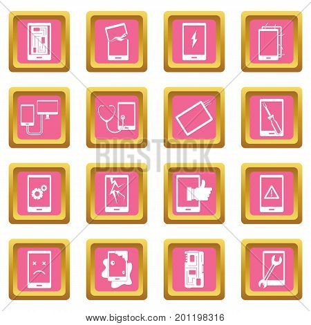 Device repair symbols icons set in pink color isolated vector illustration for web and any design