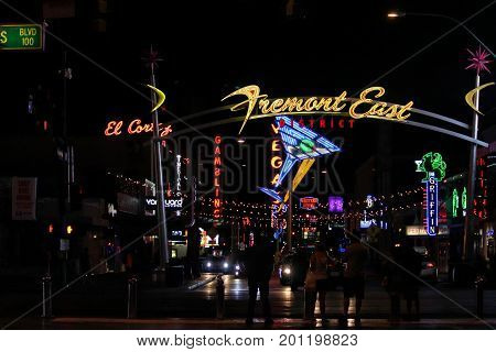 LAS VEGAS, USA--Night lights at the Freemont East District in Las Vegas, one of the must-not miss attractons. Photo taken in April 2017.