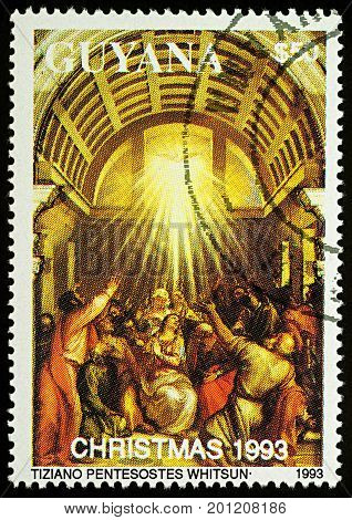 Moscow Russia - August 24 2017: A stamp printed in Guyana shows painting 