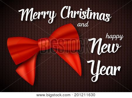 Illustration of Vector Merry Christmas Greeting Card. Realistic Red Ribbon with Paper Lettering on Kneeted Pattern Background