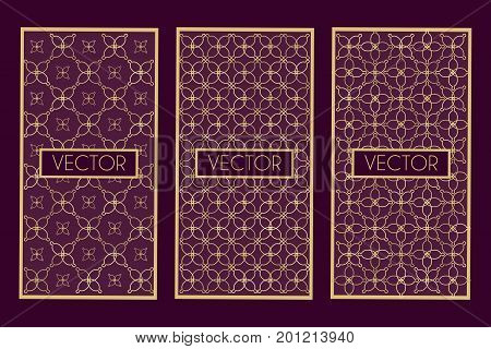 Golden geometric frames isolated on dark background. Stock vector illustration of graphic elements for luxury product design in art deco vintage trendy style.