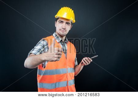 Constructor Wearing Equipment Holding Tools Showing Like Gesture