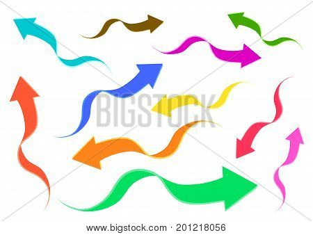 Wavy colorful arrows set design elements drawing on a white background
