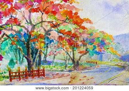Watercolor painting original landscape red orange color of peacock flowers tree in sky and cloud with mountain background