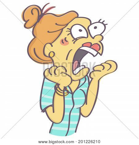 Funny woman panicking and screaming, vector cartoon isolated on white background