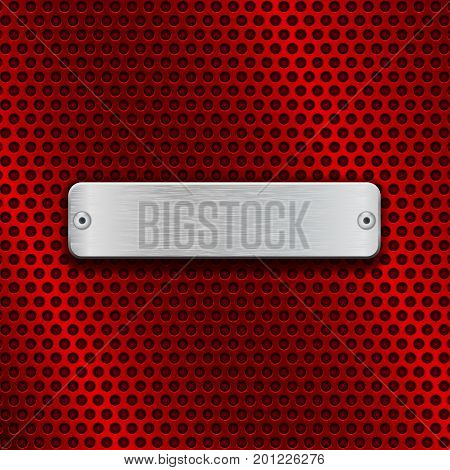 Red metal perforated background with chrome rectangle plate. Vector 3d illustration