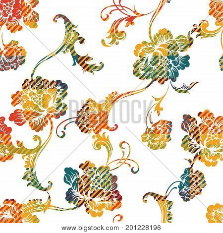 Eclectic fabric plaid seamless pattern with baroque ornament. Vector background.