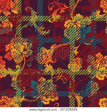 Eclectic fabric plaid seamless pattern with baroque ornament. Vector background.