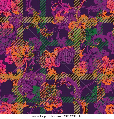 Eclectic fabric plaid seamless pattern with baroque ornament. Vector background.