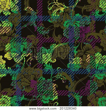 Eclectic fabric plaid seamless pattern with baroque ornament. Vector background.