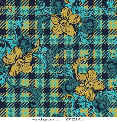 Eclectic fabric plaid seamless pattern with baroque ornament. Vector background.