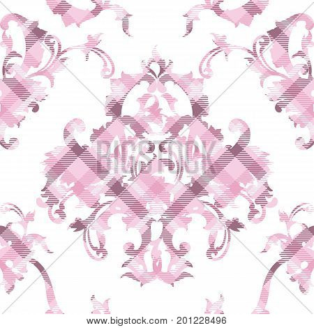 Eclectic fabric plaid seamless pattern with baroque ornament. Vector background.