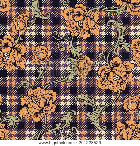 Eclectic fabric plaid seamless pattern with baroque ornament. Vector background.