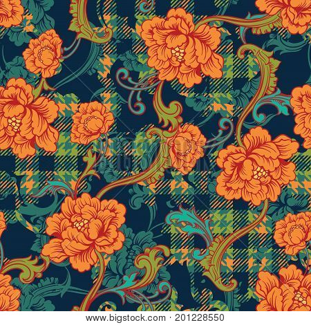 Eclectic fabric plaid seamless pattern with baroque ornament. Vector background.