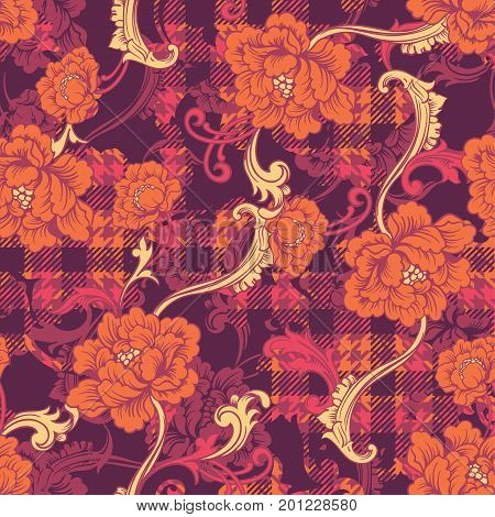 Eclectic fabric plaid seamless pattern with baroque ornament. Vector background.
