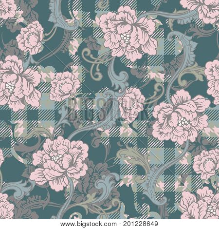 Eclectic fabric plaid seamless pattern with baroque ornament. Vector background.