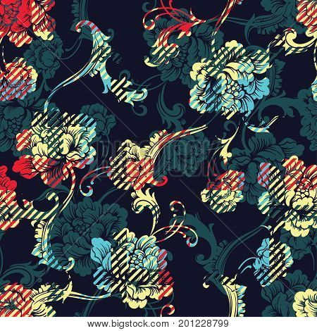 Eclectic fabric plaid seamless pattern with baroque ornament. Vector background.