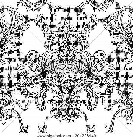 Eclectic fabric plaid seamless pattern with baroque ornament. Vector background.