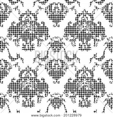Eclectic fabric plaid seamless pattern with baroque ornament. Vector background.