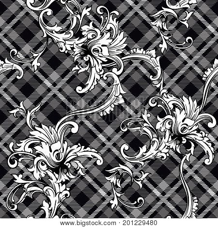 Eclectic fabric plaid seamless pattern with baroque ornament. Vector background.