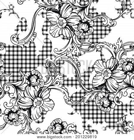 Eclectic fabric plaid seamless pattern with baroque ornament. Vector background.