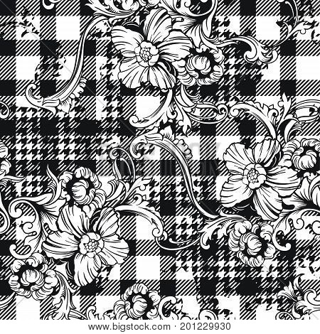 Eclectic fabric plaid seamless pattern with baroque ornament. Vector background.