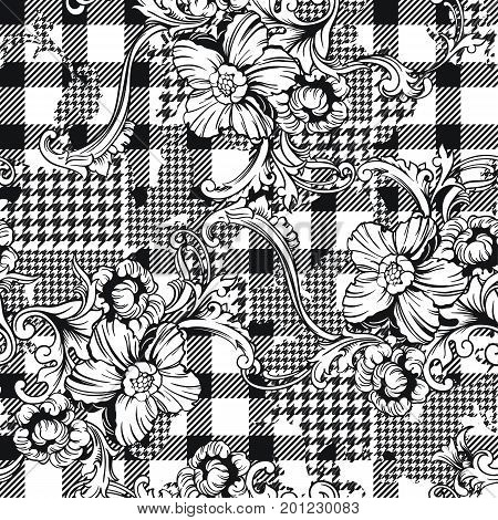 Eclectic fabric seamless black and white pattern. Geometric plaid  floral background with baroque ornament. Vector illustration